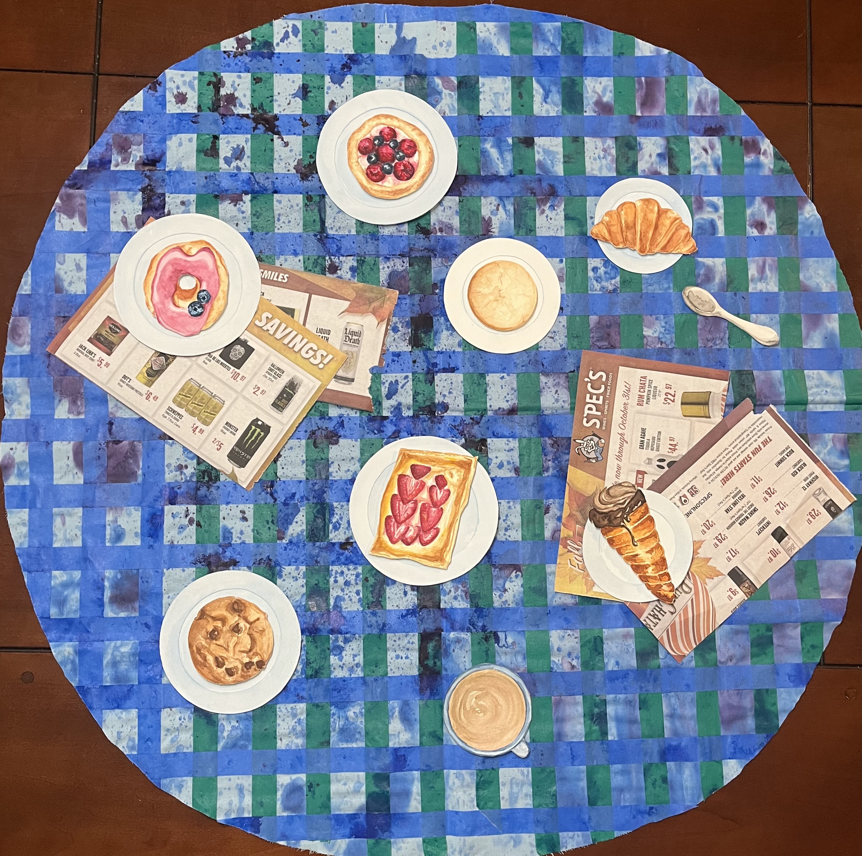 top-down view of painted food on top of fabric